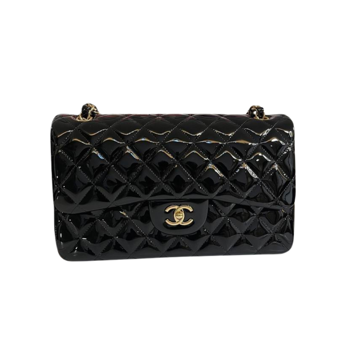 Patent Quilted Medium Double Flap Black Top-Quality Leather